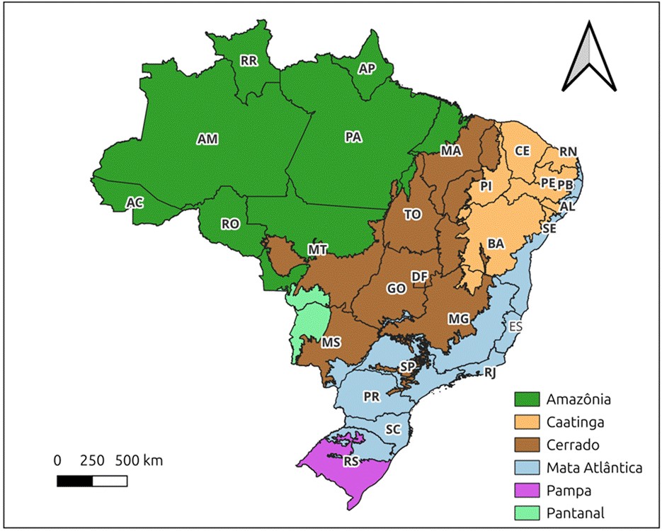Spatial distribution of Brazil’s terrestrial biomes with state boundaries: Amazon (dark green), Caatinga (orange), Cerrado (brown), Atlantic Forest (light blue), Pampa (purple) and Pantanal (light green); state boundaries shown as thin black lines; projection WGS84. Source: IBGE (2012).
