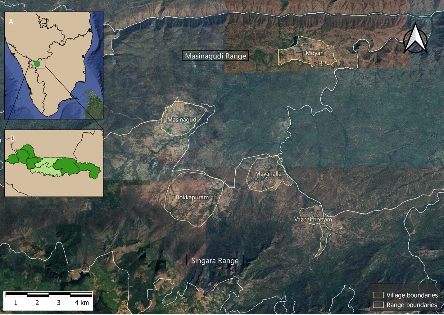 Map of the study area, located on the Sigur Plateau in Mudumalai Tiger Reserve. Inset A shows the MTR’s location in peninsular India. Inset B shows MTR’s ranges, with the study site ranges marked in light green. The main map shows the boundaries of the five villages within the two ranges.